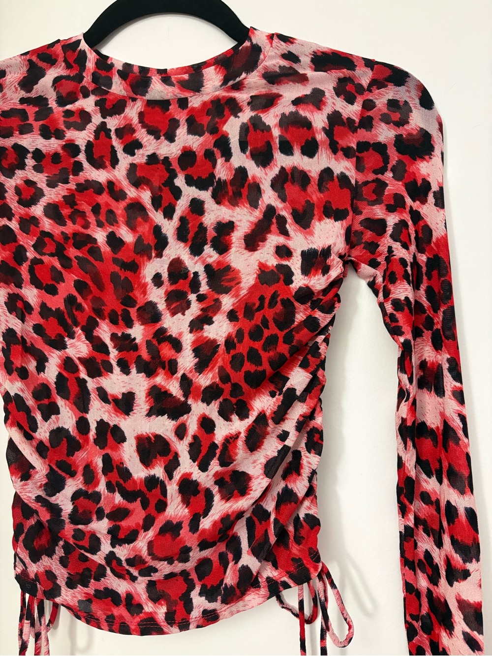 NWT Fashion Nova Red & Black Leopard Print Long Sleeve Ruched mesh Top